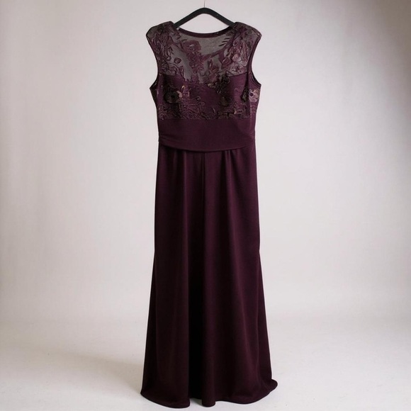 Marina Eggplant Purple Lace Sequin Mesh Gown Sz 8 | Formal Evening Slit Dress - Picture 1 of 3